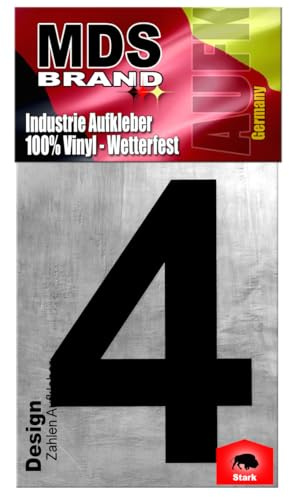 MDS Brand Design 20cm Zahlen Aufkleber | Selbstklebende Hausnummern zum aufkleben | Klebezahlen für Mülltonne, Briefkasten, Hausnummer & Auto | Optimal für Außen & Innen (Schwarz, 4)