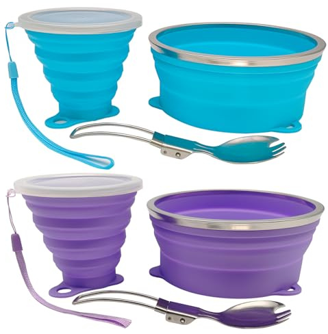 Cagelya Mess Kit for Camping Silicone Collapsible Bowl Collapsible Cup and Stainless Steel Spoon for Backpacking Outdoor Hiking Traveling and Picnic - 2 Pack