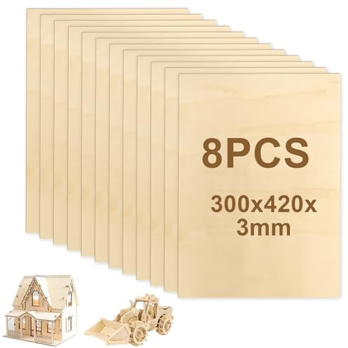 MeYuxg 8 fogli di compensato da 3 mm, A3, 42 x 29,7 cm, pannelli in legno di tiglio, per lavori di bricolage, modellismo (8 pezzi)