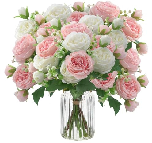 Uoxmiy 6 Bunches Peony Hydrangea Artificial Flowers, Mixed Roses Artificial Flowers Pink and White, Fake Flower Bouquet for Home Wedding Outdoor Decoration