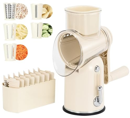 Rallador de verduras, cortador giratorio de manivela con 5 cuchillas reemplazables, caja de almacenamiento de cuchillas, fácil desmontaje para cortar patatas, zanahorias, verduras, frutas y sin