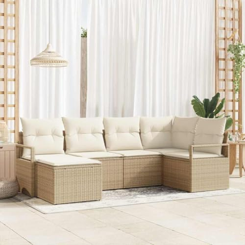 Teenpull Garten-Sofa-Set 6-teilig, Beige Poly Rattan, Modulares Outdoor Loungeset mit Kissen, Verstellbare Füße, für Terrasse, Balkon, Garten, Wetterfest