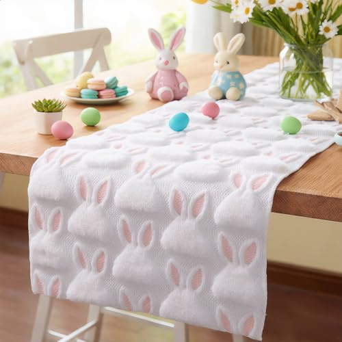 Osterdeko Hase Ostereier Tischläufer Ostern - 33x183cm Frühling Ostertischdecke Weiß Kaninchenfell-ähnlich Tischläufer pinken Stickereien abwaschbar für Drinnen & Draußen Küche Esstisch Party Heimdeko
