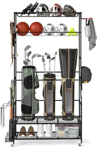COSTWAY Golf Organizer, Golfschläger-Organizer mit abnehmbaren Rollen, Golf Aufbewahrung mit 4 Haken, 2 Körben & seitlichem Regal für 3 Golftaschen, Golftaschenregal aus Metall für Keller, Club