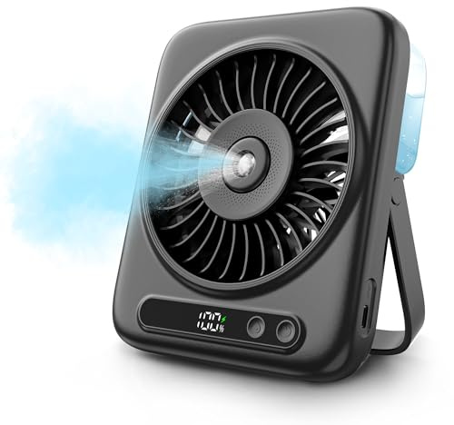 Mini Tischventilator mit Wasserkühlung & LED-Anzeige (6000mAh) | Aufladbar Tisch Ventilator Leise, USB Tisch Ventilatoren Klein, Tragbarer Kleiner Desk Fan für Büro, Schlafzimmer, Outdoor