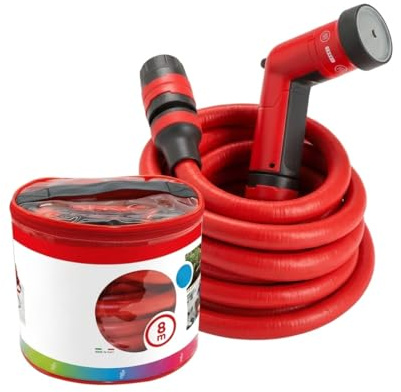 BTF Manguera de Jardín Extensible de 4m hasta 8m con Pistola de Riego | Manguera Flexible y Ligera con Conectores Rápidos Aquastop PVC Resistente Antienredos | Ideal para Jardín, Terraza, Patio