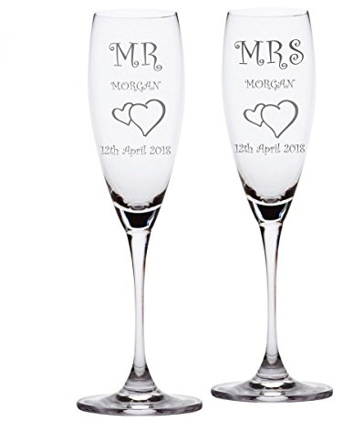 Chichi Gifts Personalised Mr and Mrs Pair of Champagne Flutes Glasses with Linked Hearts & Stem Charm add names and date