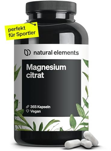 natural elements Premium Magnesiumcitrat – 365 Kapseln – Hochdosiert: 2320mg (davon 360mg elementares Magnesium) pro Tagesdosis – Ohne Zusätze – vegan, laborgeprüft und in Deutschland produziert