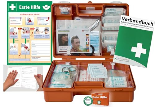 Verbandskoffer/Verbandskasten (M) -Paket 2- Erste Hilfe nach aktueller DIN 13157 für Betriebe -DSGVO- INKL. PERFORIERTEM VERBANDBUCH + Aushang Erste Hilfe