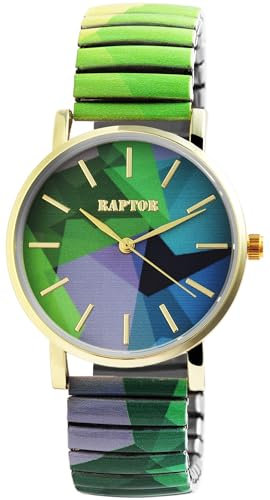 Raptor Colorful Edition Damen-Uhr mit Edelstahl Zugarmband in grün Bunte Armbanduhr analog Stretch Geschenke für Frauen