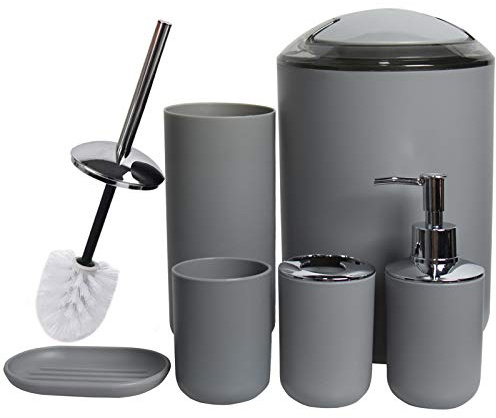 CERBIOR Bathroom Accessories Set 6 Piece Bath Ensemble Includes Soap Dispenser, Toothbrush Holder, Toothbrush Cup, Soap Dish for Decorative Countertop and Housewarming Gift (Light grey-6pcs)