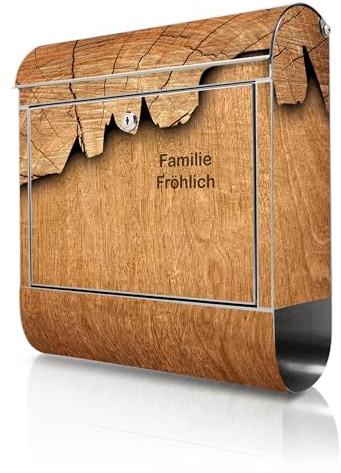banjado Briefkasten Edelstahl personalisiert 38x43x12cm & 2 Schlüssel - rostfreier Edelstahl Briefkasten mit Zeitungsfach - Postkasten A4 Einwurf inkl. Montagematerial - Motiv Holz