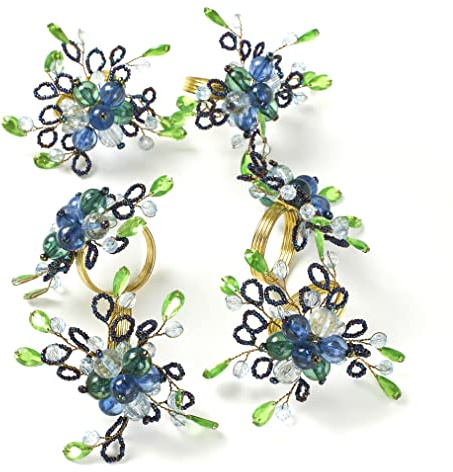 Penguin Home Set of 6 Handcrafted Floral Style Beaded Napkin Rings/Napkin Buckles/Table Decor for Dinner Wedding Party/Thanksgiving, Christmas/Size - 10.5 x10.5 x 6.5 cm/Blue