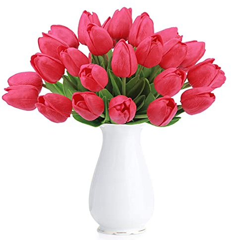 HAOSHICS, Tulipani artificiali, tulipani olandesi finti, realistici al tatto, fiori per bouquet, in lattice, decorazione per matrimoni, casa, hotel, feste, giardino, multicolori, 10 pezzi (rosso)
