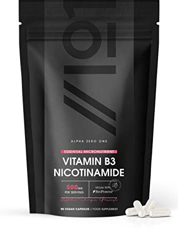 Vitamin B3 Nicotinamide (Niacinamide) 500mg – No-Flush Niacinamide – 90 Vegan Capsules - Resealable and Recyclable Pouch by Alpha01