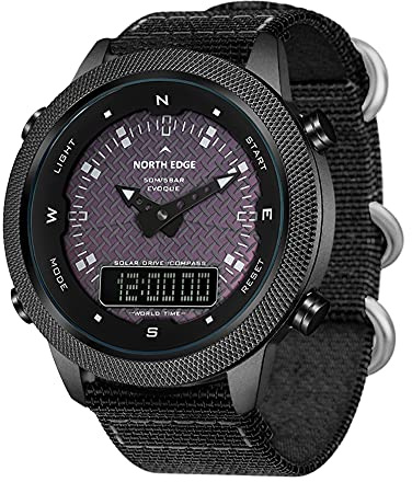 Montre Intelligente à énergie Solaire Montre-Bracelet à Quartz numérique étanche Montres de Sport en Plein air Montre cinétique Multifonction avec Boussole chronomètre rétro-éclairage