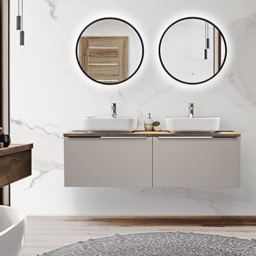 Lomadox Badmöbel Komplett Set Taupe mit Vintage Eiche, 160cm Doppel-Waschtischunterschrank mit 2 Keramik Waschbecken, 2 LED-Spiegel 60cm