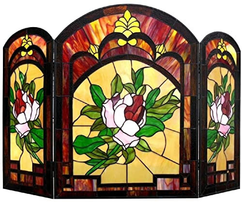 WANWEN Kaminschutzgitter 101,6 cm, viktorianischer Blumenstil, Buntglas-Kaminschutzgitter, 3-teilig, faltbar, Kaminschutzgitter, Flache Kaminschutzgitter, dekorativ Little Surprise