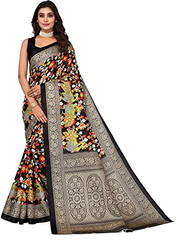 IMTRA FASHION Sari De Seda De Arte Impreso Negro Tradicional Indio Con Pieza De Blusa-KAMAL BLACK