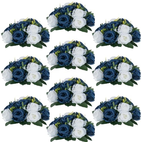 Inweder Wedding Flower Balls for Centerpieces - 10 Pcs Artificial Rose Arrangement Bouquet, Fake Flowers for Weddings, Birthday Party, Valentine's Day, Home Decor, Navy Blue & White