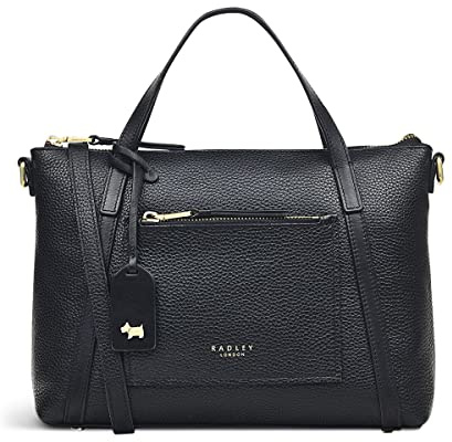 RADLEY London Portman Small Ziptop Grab Handbag for Women, Made from Black Soft Grained & Smooth Leather, Ziptop Grab Bag with Twin Handles & Zipped Closure, Handbag with Interior & Front Pockets