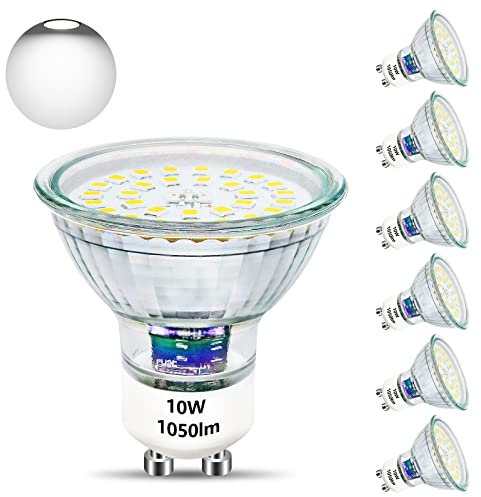 Unikcst GU10 LED Light Bulbs 1050lm,Cool White 10W Spotlight Replaces 100W Halogen Bulb 6000K LED Spot Lights 220-240V, Non Dimmable, Pack of 6