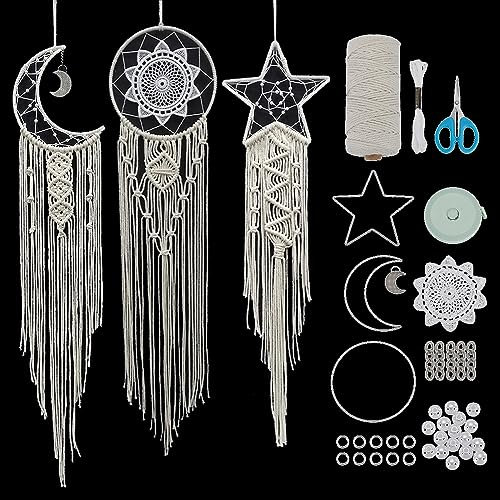 FREEBLOSS 3 Set Mond und Stern Makramee Set Star Mond Traumfänger Makramee Wandbehang DIY Boho Wandkunst Makramee Wanddekoration Für Schlafzimmer Anfänger