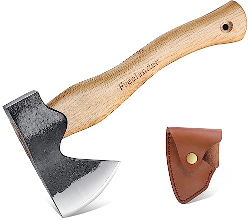 Freelander Ascia di Sopravvivenza 27CM - Multifunzionale da Campeggio Con Manico in Legno, Fodero e Lama Affilata per Boscaglia e Giardino