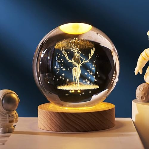 MCHERRY 3D Deer Forest Crystal Ball Night Light Ball Projection Lamp Planet Model,3D Crystal Ball with Led Wooden Base Gift for Christmas Thanksgiving Birthday, Home Room Decor LED Night