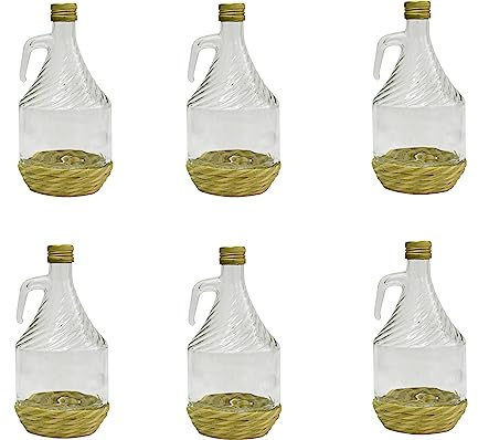 lilawelt24 1 L Glasflasche mit Henkel, Schraubverschluss und Naturkorb (6X 1L Glasflasche) | 1 L Glasflasche mit Henkel und Naturkorb – Glasballon mit Schraubverschluss für Wein, Saft, Likör und Spirituosen