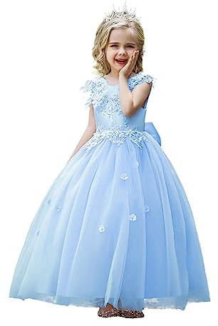 LOLANTA Vestiti Cerimonia Comunione Bambina,Abito Eleganti Bianoco Rosa Blu(8-9 Anni,Blu,Tag 140)