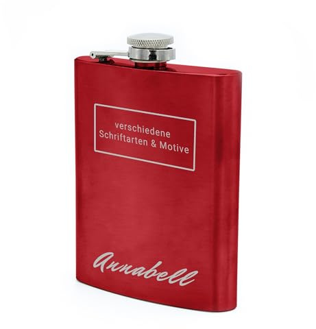 Flachmann mit Namens Gravur, Edelstahl, individuelle Geschenkidee zur Hochzeit, zum Geburtstag oder mehr! (rot)