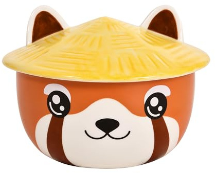 Elbenwald Röd Panda Kawaii-skål med lock för anime-fans Ramenskål flingskål med allroundtryck 550 ml keramik orange