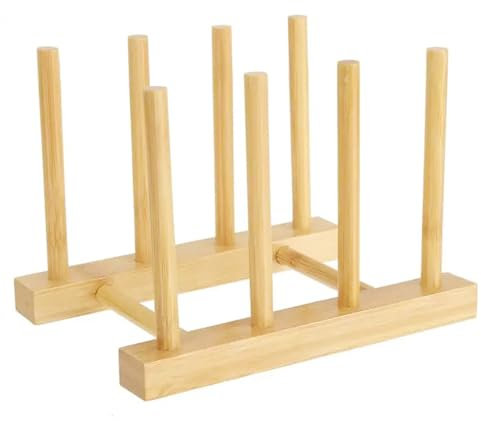 1 Pezzi Portapiatti,Scolapiatti Legno,Portapiatti da Appoggio,Scola Bottiglie,Scolapiatti in Legno di Bambù,per Stoviglie in Bambù per Piatti,Tazze,CD,Bicchiere per Vino,Libro（3 Scanalature）