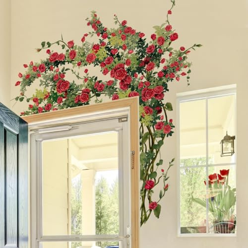 Runtoo Large Rose Wall Art Decals Red Flower Door Stickers Floral Home Decor for Living Room Bedroom Wall Backdrop