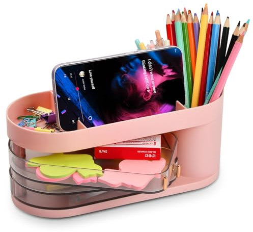 emperoch Schreibtisch Organizer, Stiftehalter Schreibtisch mit 5 Fächern und 3 Schubladen, Stifte Organizer Plastik Multifunktionalen Büro Organizer für Zuhause, Schule, Büro (Rosa)