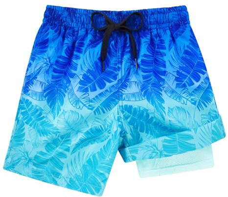 Dancinova Badshorts för pojkar, badbyxor, barn, kompression, foder, badshorts, snabbtorkande simbyxor med boxershorts liner 7–16 år, Blått bladtryck med färggradient, 7 År