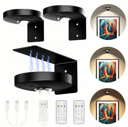 Laliled Lot de 3 Applique Murale pour Tableaux, Lampe Murale Rechargeable Magnétique pour Photos, 3 Températures de Couleur, Lampe LED sans Fil avec Télécommande, Minuterie (Noir)