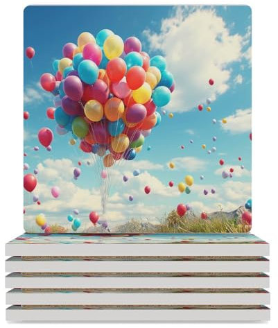 Untersetzer-Set, bunte Luftballons, Getränkeuntersetzer für Couchtisch, saugfähige Keramik-Untersetzer mit Korkboden, quadratische Untersetzer, rutschfest, 9,4 x 9,4 x 0,8 cm, 6 Stück