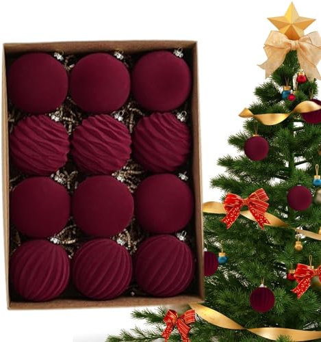 Samt-Weihnachtskugel-Ornamente, 12 Stück Weihnachtsdekoration Kugel, Beflockte Weihnachtskugeln, Weihnachtsbaumkugeln für Weihnachtsfeier, Urlaub