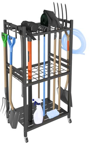 Organizer per attrezzi da giardino con 4 ganci, in metallo, per scope, rastrello, pala, attrezzi da giardino, per garage e garage, organizer da giardino (nero, 42 x 30 x 80 cm)