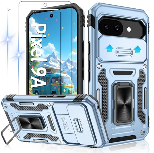Jshru for Google Pixel 9a Case with 2 Pack Screen Protector,Military Grade Shockproof Pixel 9a Cover with Slide Camera Cover,Ring Stand Phone Case for Google Pixel 9a,Light Blue