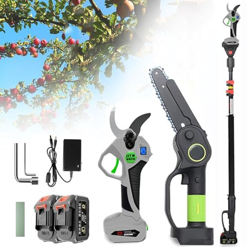 GHRERTX Kit Combinado de Sierra de pértiga y Tijeras de podar 3 en 1, Mini Motosierra de 6 Pulgadas con 2 baterías, Tijeras de podar inalámbricas con pértiga Extensible, podadora de Ramas de árboles