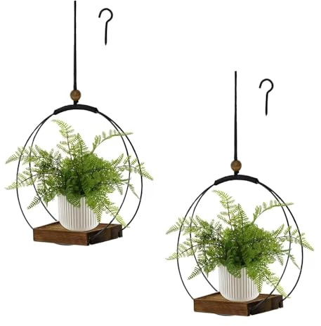 2 Stück Hängend Blumenampel Makramee Blumentopf Mit Hölzernen Basis, Boho Pflanzenampel Hängetopf Für Pflanzen, Pflanzgefäß Hängeampel Für Innen Außen Zimmerpflanzen Sukkulenten Kaktus (Stil B)
