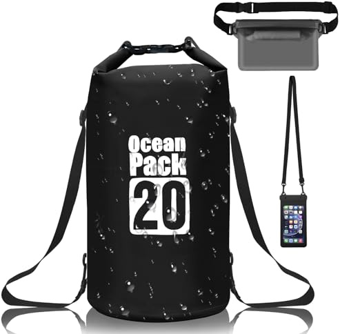 Gucass Borsa Impermeabile 20L Dry Bag Sacco Impermeabile Mare con Tracolla Regolabile, Sacca Stagna con Marsupio e Custodia per Cellulare, Waterproof Bag per Surf Rafting Campeggio e Kayak (Nero)