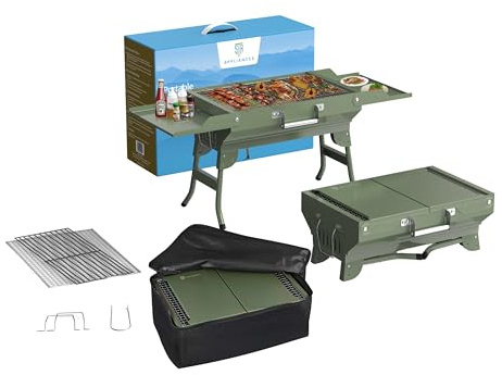 STR Appliances Portable Camping Grill, Foldable Charcoal Grills, Table Grill Charcoal for Travel 45 x 31 cm, Table Grill Camping Grill for Outdoor Cooking, Camping and Picnic (Army Green)