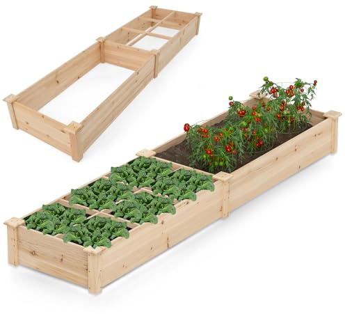 TANGZON Wooden Raised Garden Bed, Fir Wood Planter Box Kit with 2 Planter Boxes & Dividers, Natural Rectangular Plant Growing Box, 228 x 62 x 25 cm