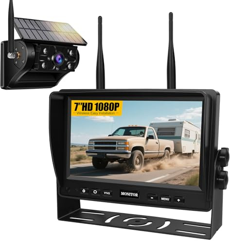Rückfahrkamera Kabellos Solar Magnetische Rückfahrkamera Funk mit 9900mAh Akku für LKW, Wohnmobil, Anhänger und Wohnwagen. IP69 Wasserdicht, 4IR Nachtsicht, 7 1080P Split-Screen-Monitor