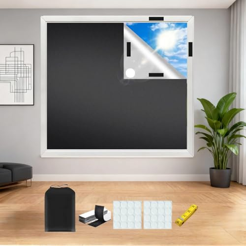Valtreecho Blackout Blinds Stick On, 100% Blackout Blind Curtain for Window No Drill Portable Temporary Fits Any Size Blackout Blinds with 30PCS Hook and Loop Doots Tapes