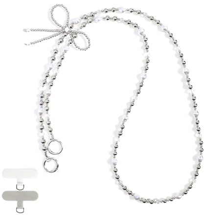 Reownest 1 Universelle HandyKette Handy-Schnur mit 2 Patches, Süßes Bling Perlen-Handyband mit Schleifen-Design, Handy Umhängeband, Anti-Verlust Handykette für Mädchen und Frauen – Silber